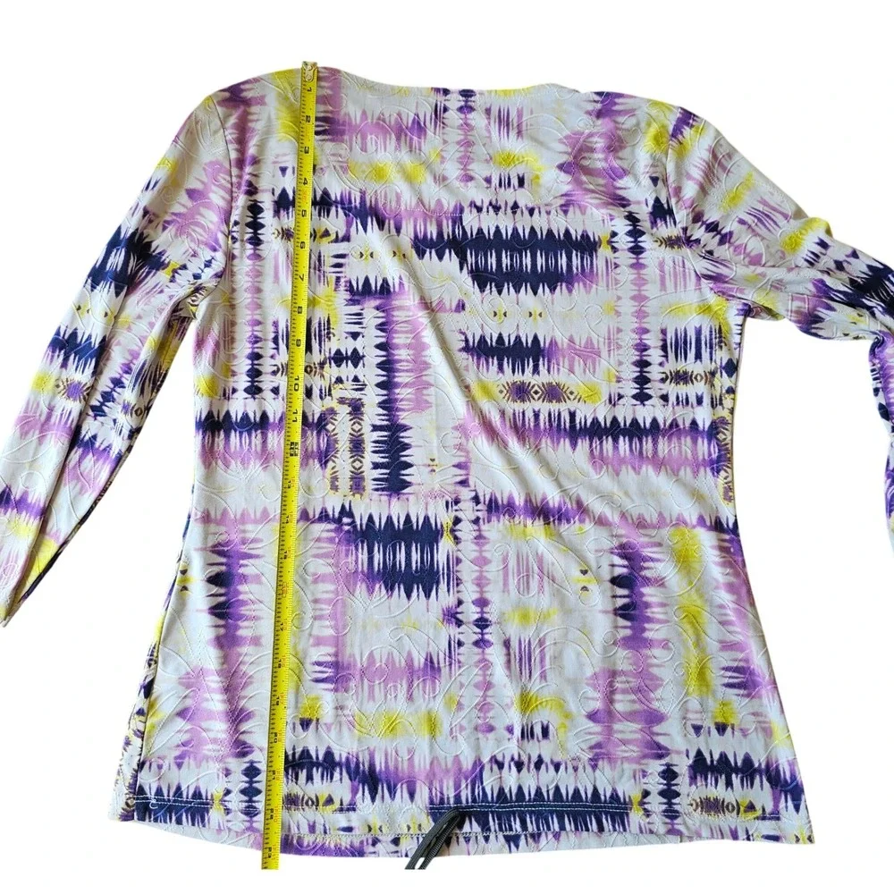 JM Collection Womens Petite Small Purple Yellow Abstract Ikat 3/4 Sleeve Top EUC